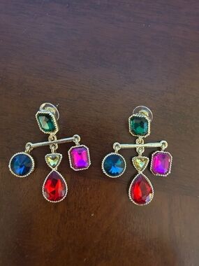 Gold-Tone Multicolor Gem Drop Earrings - Red, Blue, Pink, Green